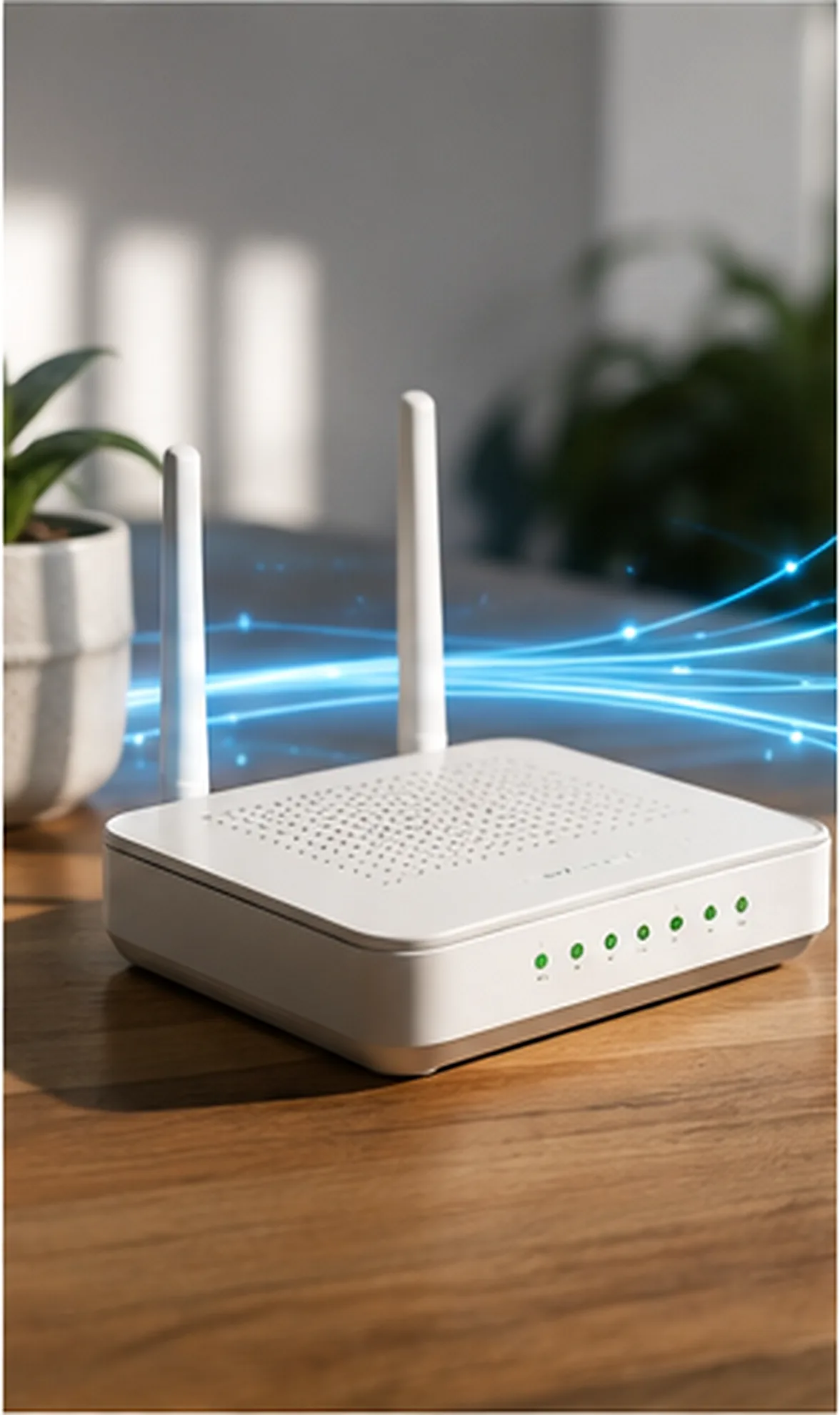 Bílý Wi-Fi router na dřevěném stole